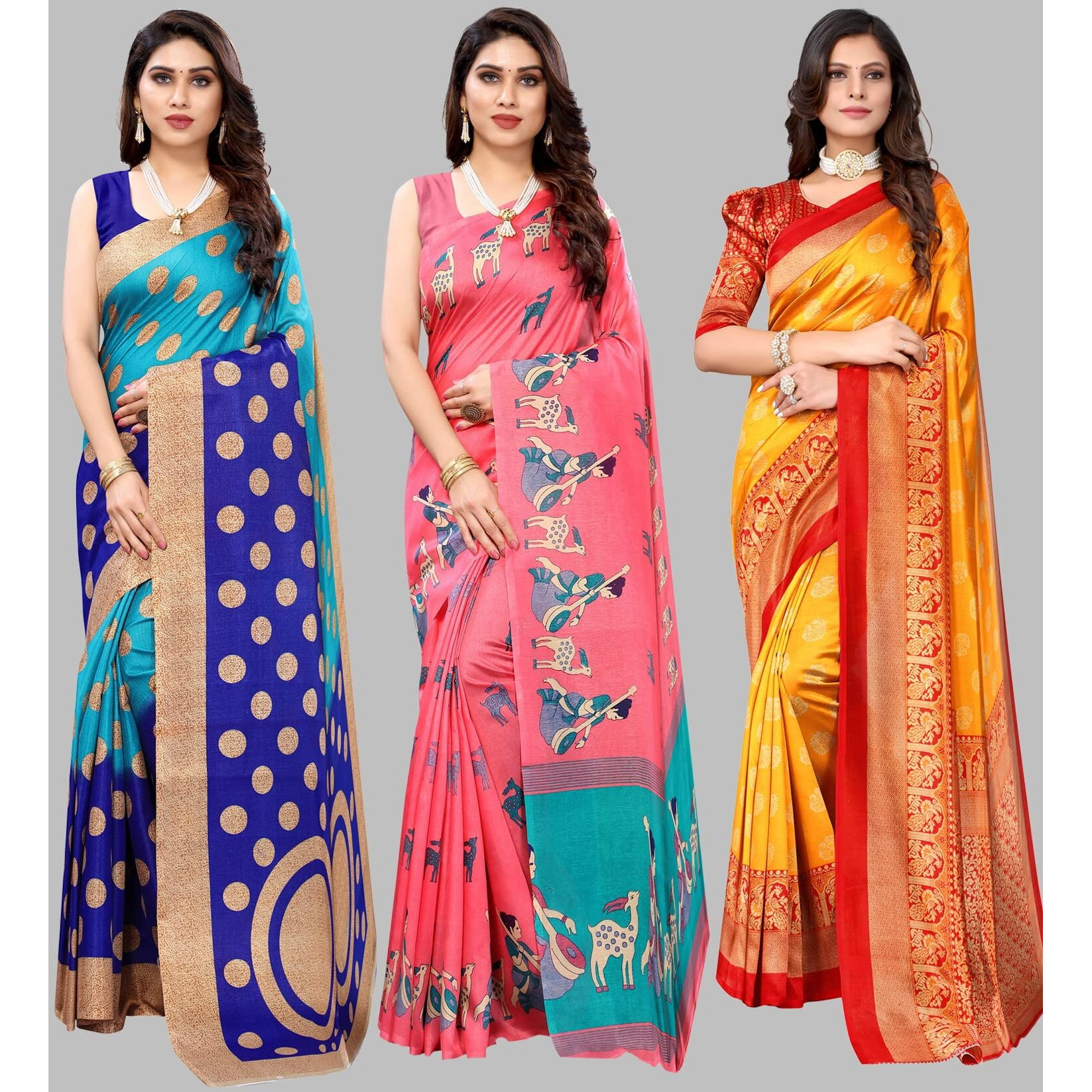 Yashika Women's Combo Art Silk Saree with Blouse Piece-Pack of 3(Kora Blue-MAITHALI Pink-MINALI Mustard) Multicolor-07