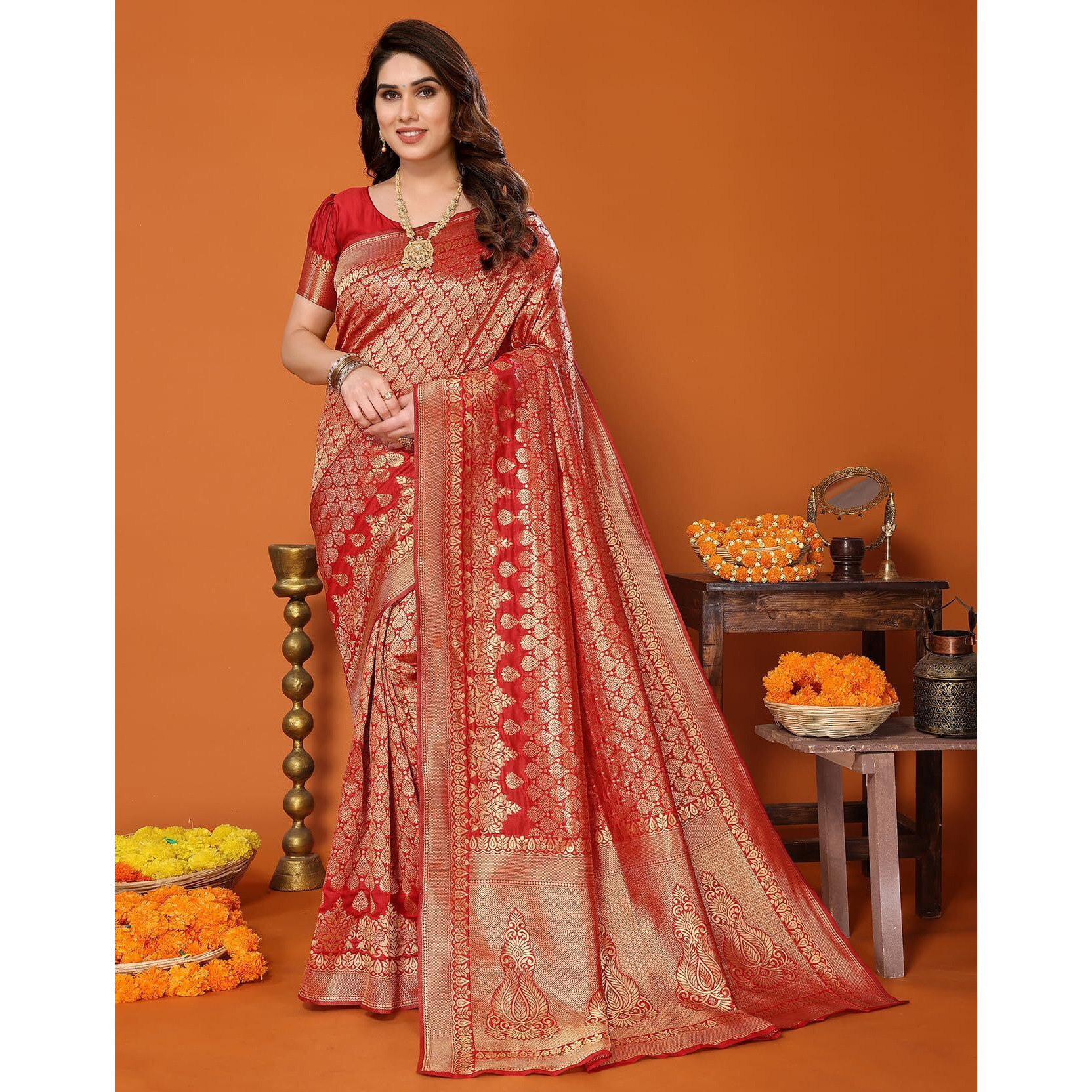 Yashika Present Banarasi Kanjivaram Silk Saree For Fashionable Women||Red Coloured Silk Kanjivaram Saree|| AZ-YS-P1-MALIYA RED New