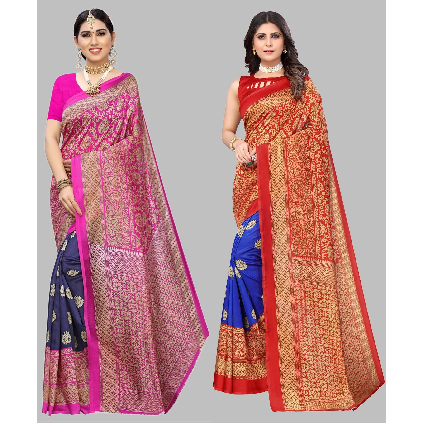 Yashika Women's Combo Art Silk Printed Saree With Blouse Piece Pack Of 11(METRO NAVY-METRO ROYAL BLUE)