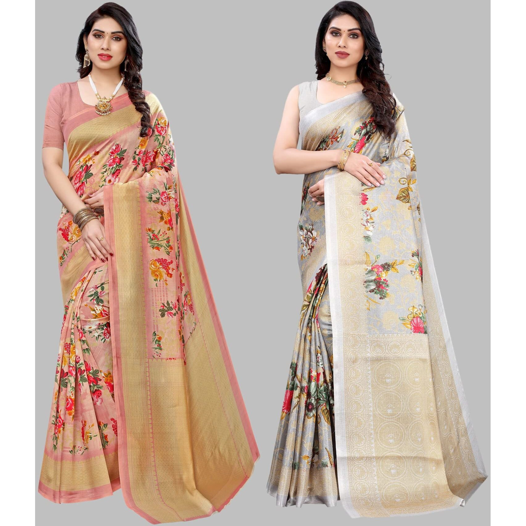 Yashika Women's Combo Art Silk Printed Saree With Blouse Piece Pack Of 2(AIR PEACH-PUDINA GREY)