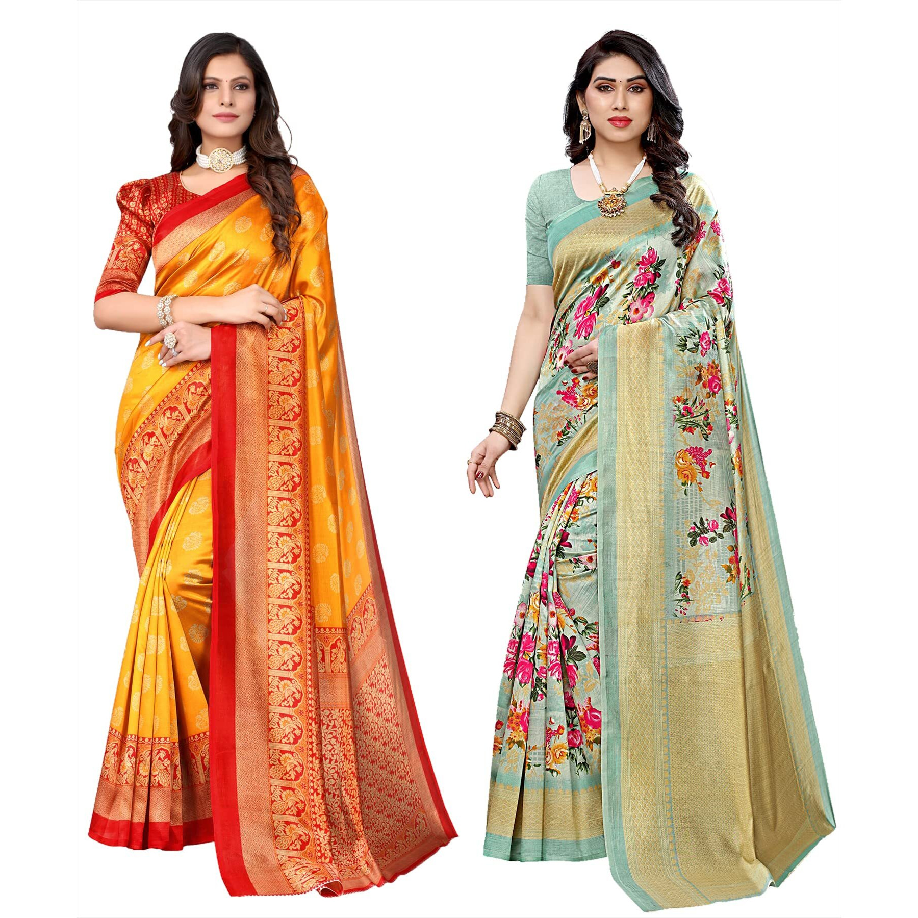 Yashika Women's Combo Art Silk Printed Saree With Blouse Piece Pack Of 2(MINALI MUSTARD-AIR LIGHT GREEN)