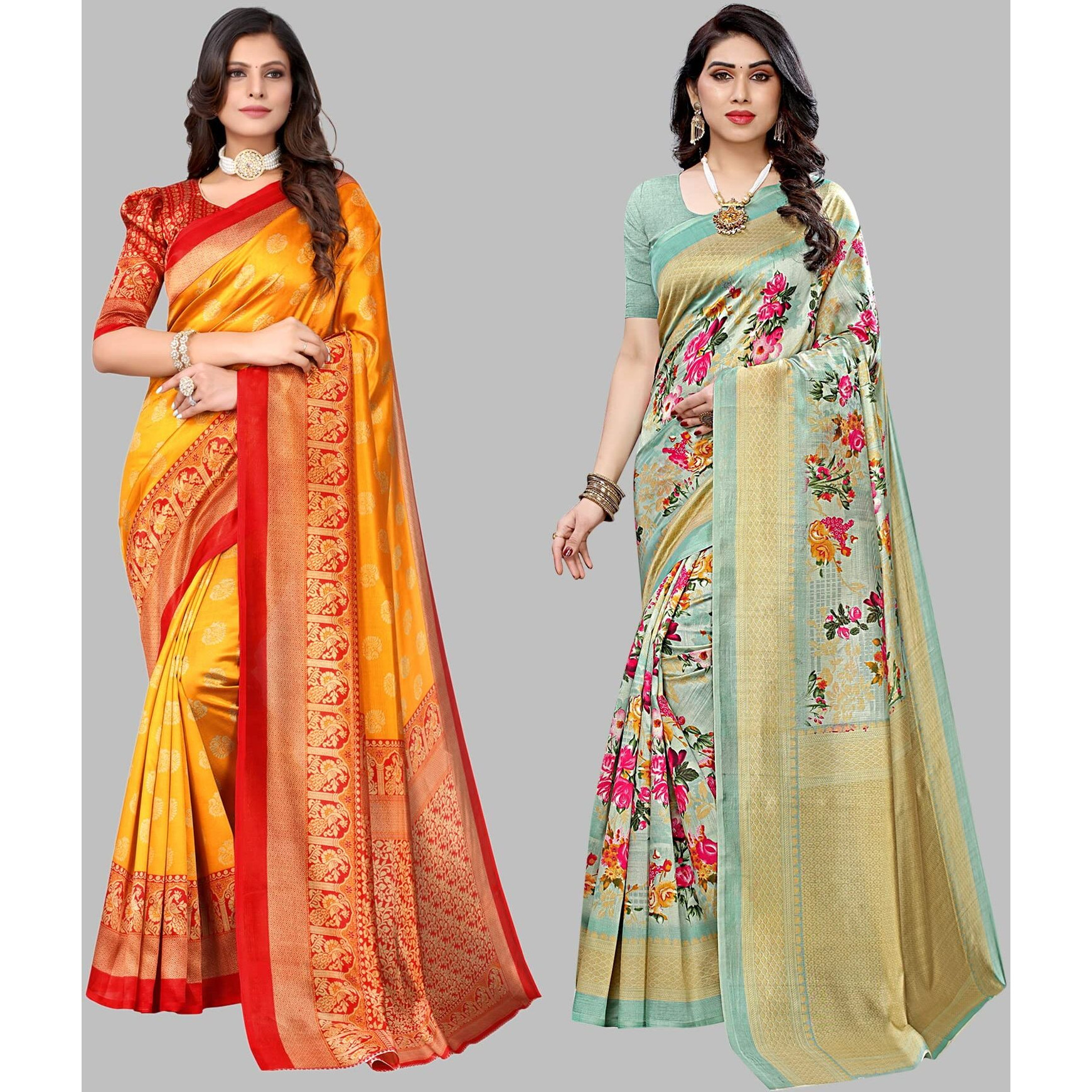 Yashika Women's Combo Art Silk Printed Saree With Blouse Piece Pack Of 2(MINALI MUSTARD-AIR LIGHT GREEN)