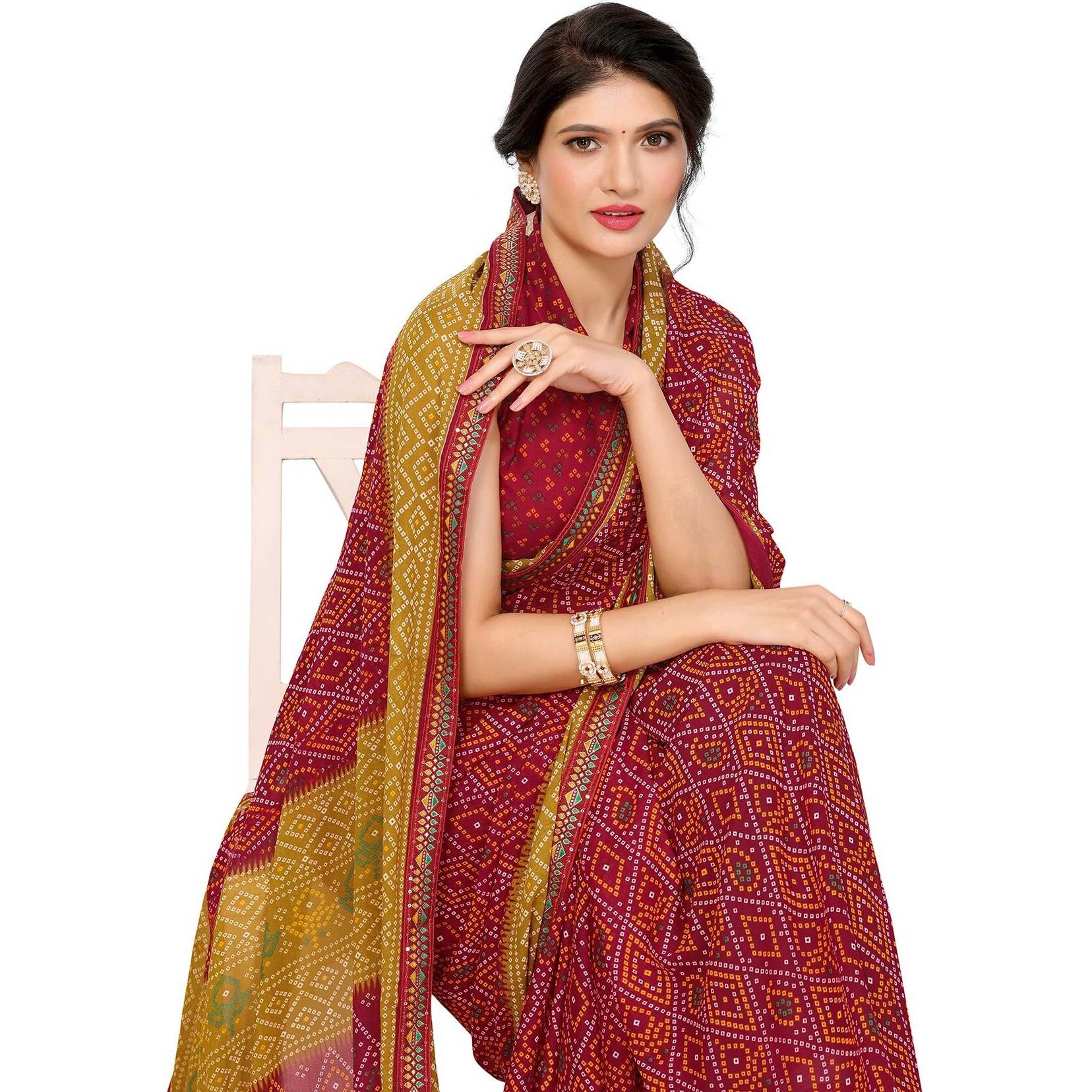Yashika Women's Plain Bandhni Print Georgette Saree with Lace and Unstitched Blouse Material (AZ-YS-P3-AADHYA-KAPILA-Parent_Red)