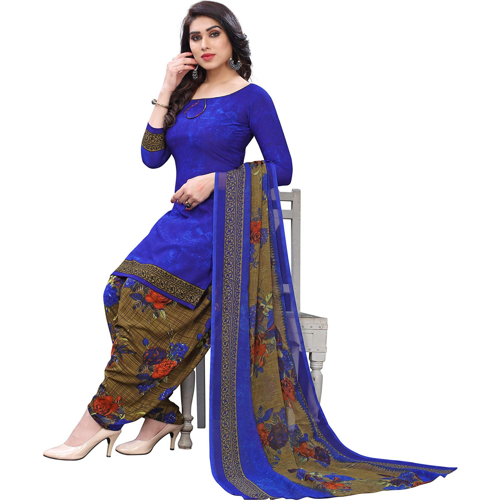Yashika Women's Crepe Printed Unstiched Salwar Suit Dress Material Free Size (Hybird Navy)