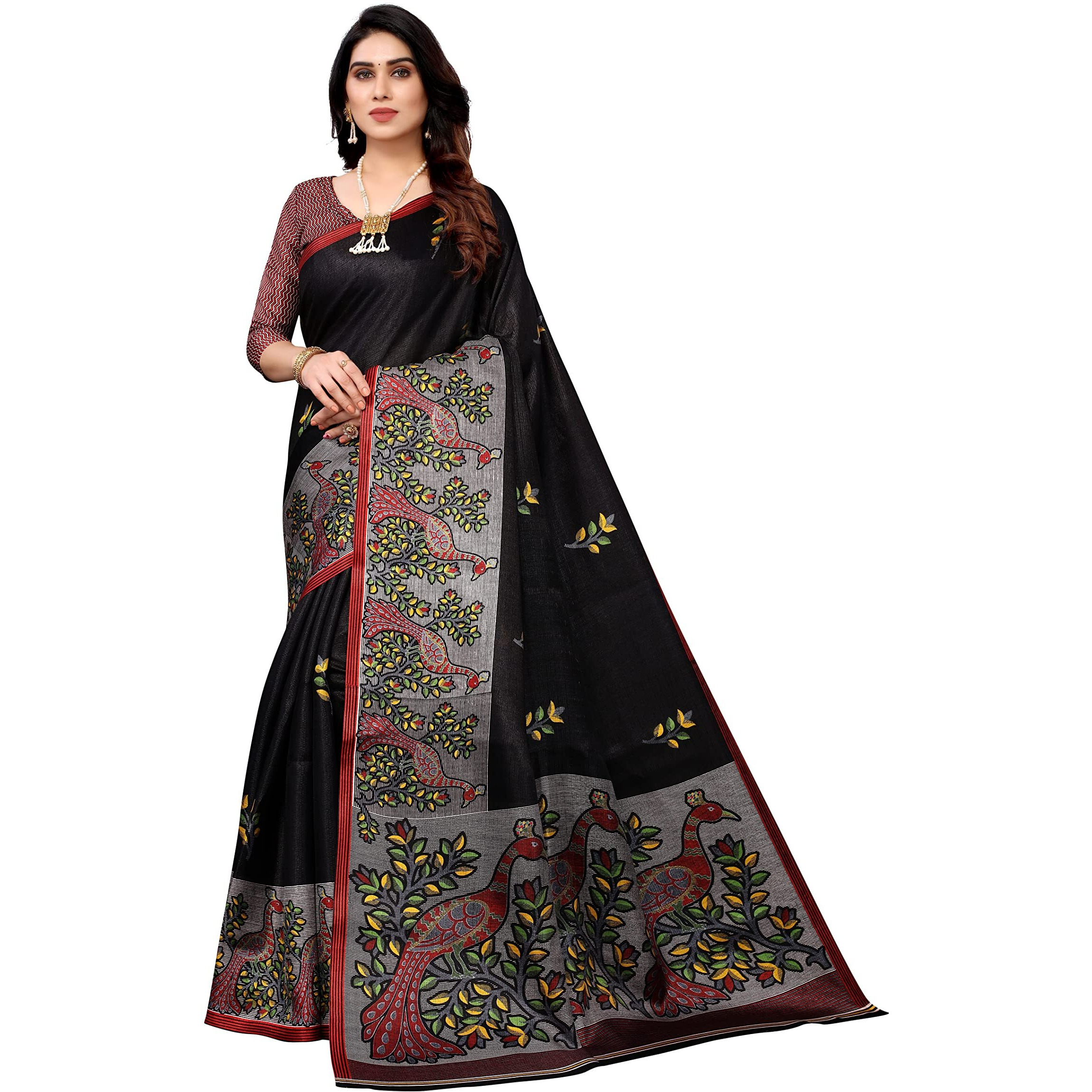 Yashika Womens Art Silk Printed Saree With Blouse Piece(UDITA BLACK_Free Size)