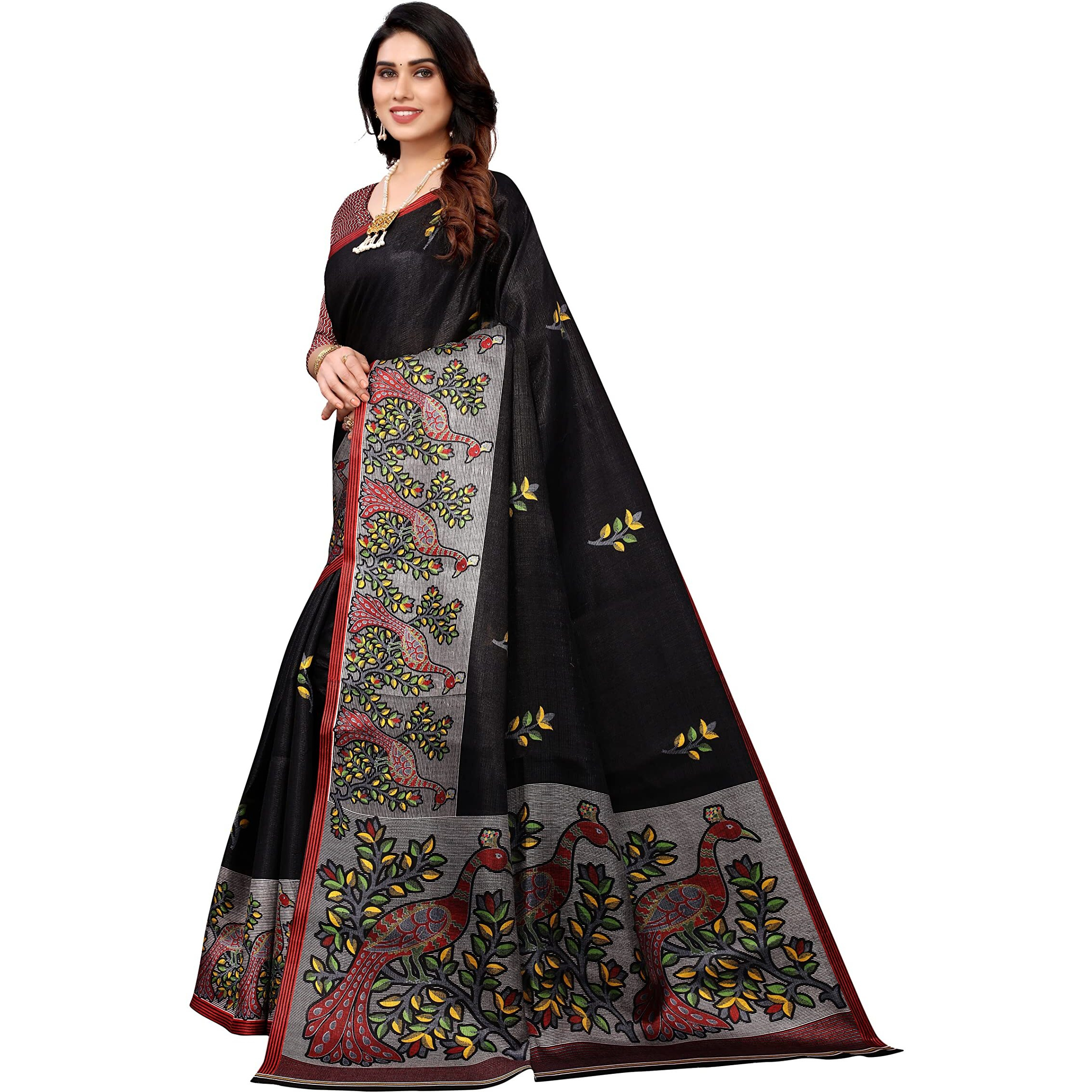 Yashika Womens Art Silk Printed Saree With Blouse Piece(UDITA BLACK_Free Size)