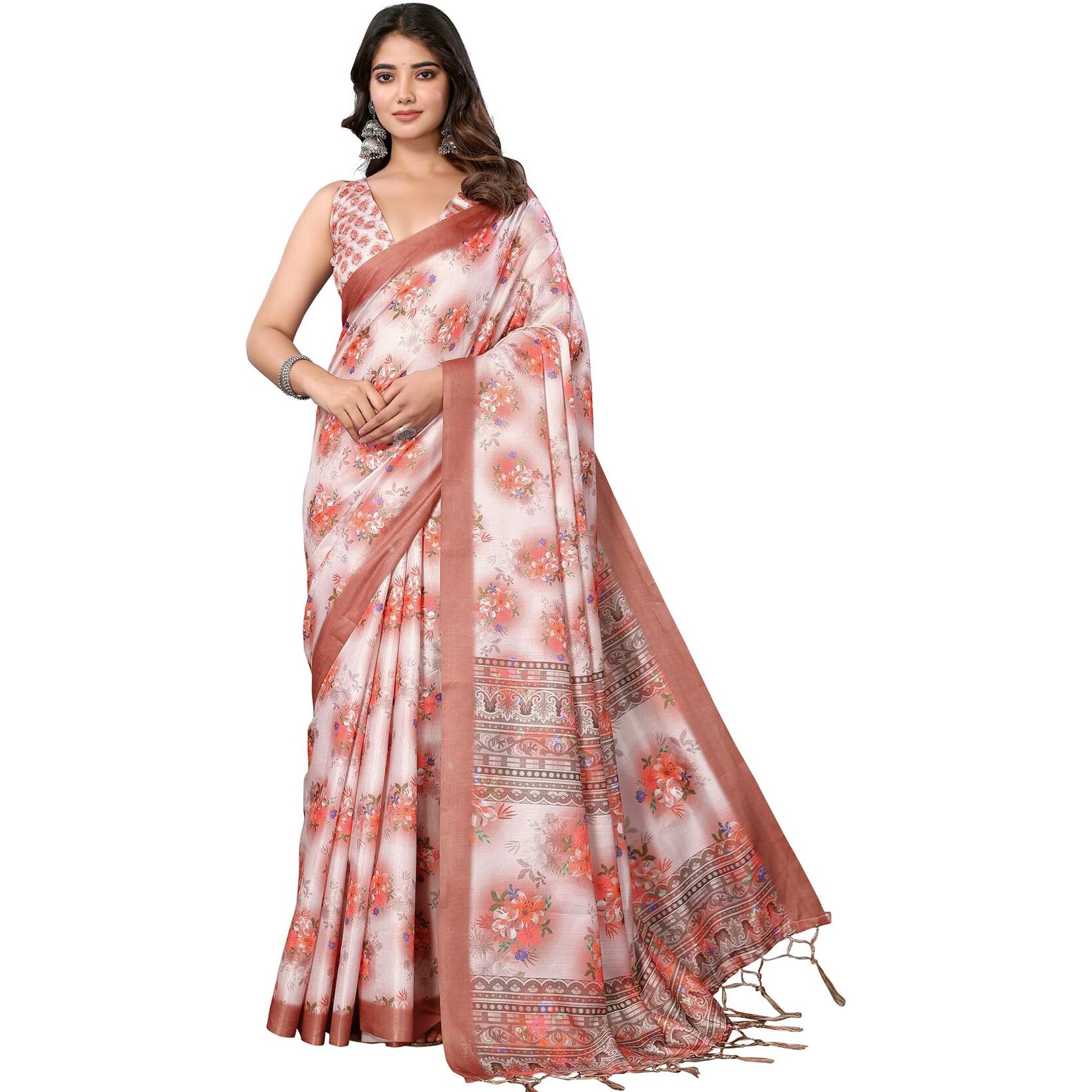 Yashika Women's Digital Print Art Silk Cotton Saree with Tassels and Golden Border - Lightweight and Elegant Ethnic Wear for Festive and Casual Occasions (AZ-YS-P1-PUSHPA 07)