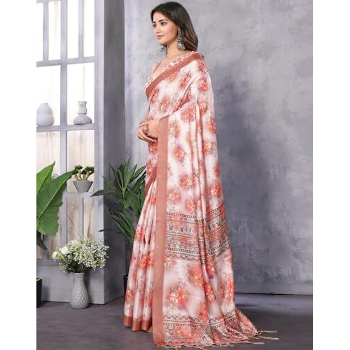 Yashika Women's Digital Print Art Silk Cotton Saree with Tassels and Golden Border - Lightweight and Elegant Ethnic Wear for Festive and Casual Occasions (AZ-YS-P1-PUSHPA 07)