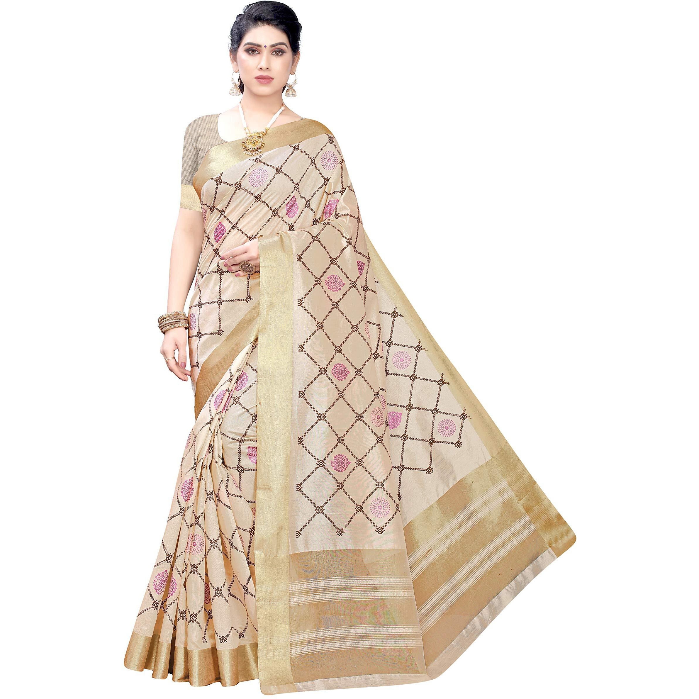 Yashika Women's Woven Cotton Saree With Blouse Piece (RUBINA PEACH_off white09)