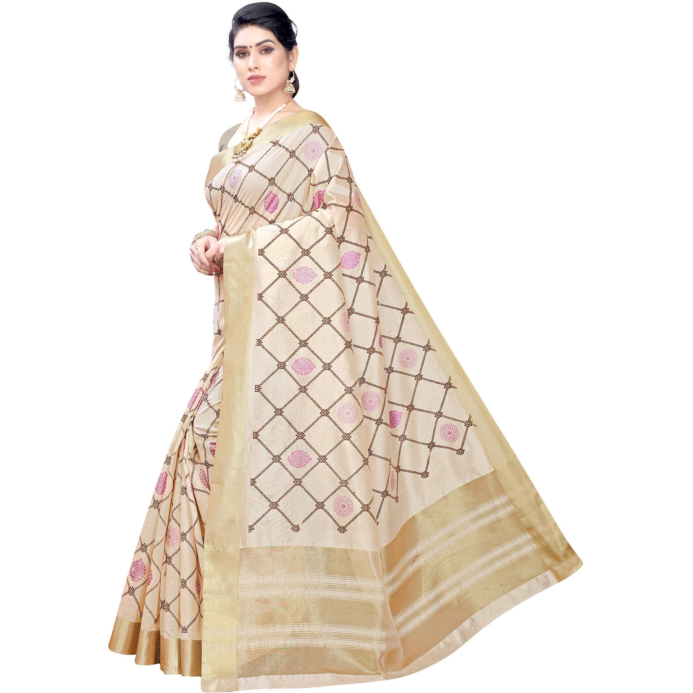 Yashika Women's Woven Cotton Saree With Blouse Piece (RUBINA PEACH_off white09)