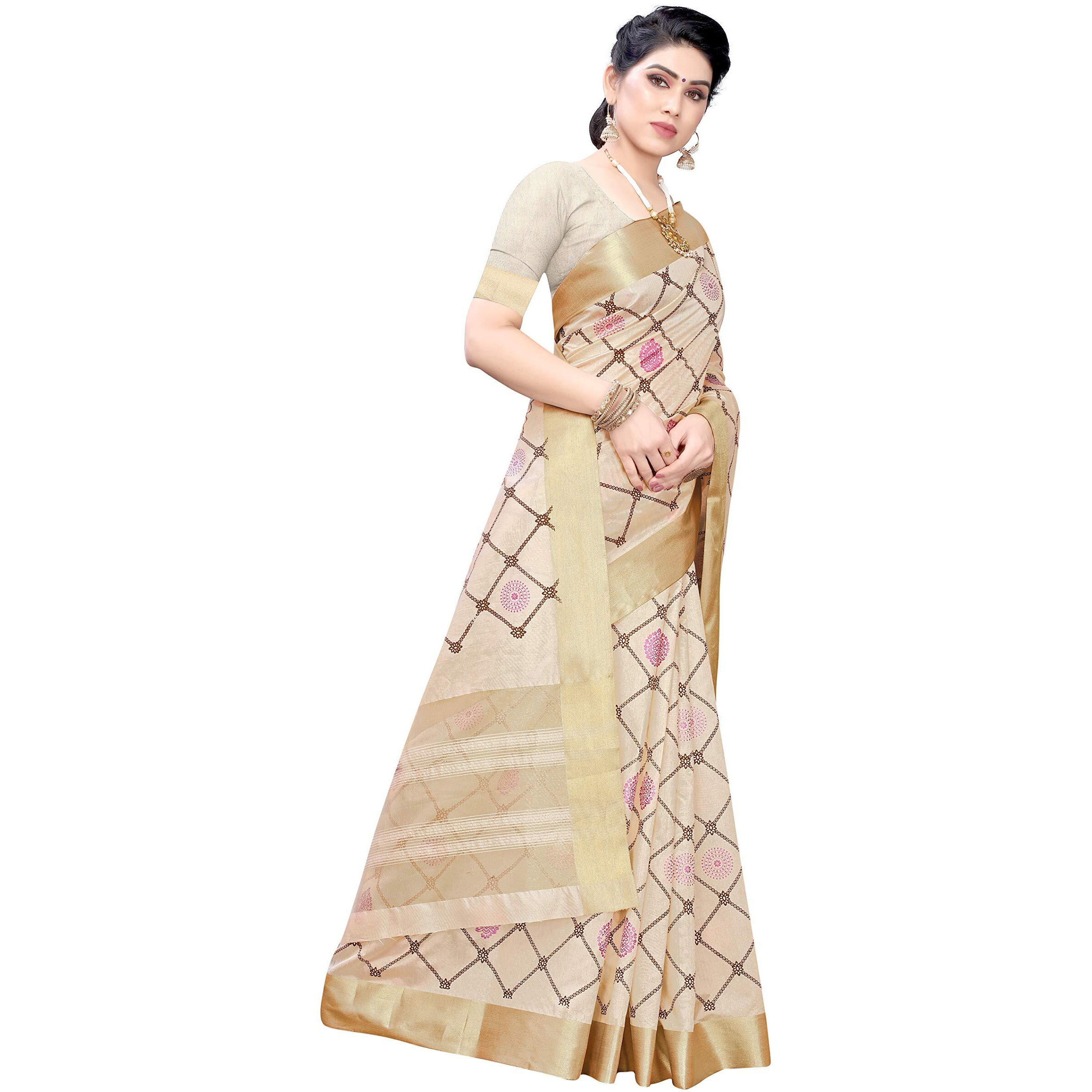 Yashika Women's Woven Cotton Saree With Blouse Piece (RUBINA PEACH_off white09)