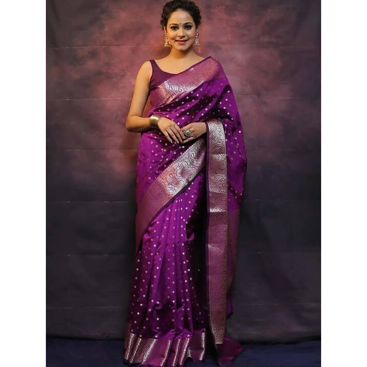 Yashika Women's Banarasi Kanjivaram Cotton Silk Woven Saree with Unstitched Blouse Material (AZ-YS-OG-SIMMI PURPLE)