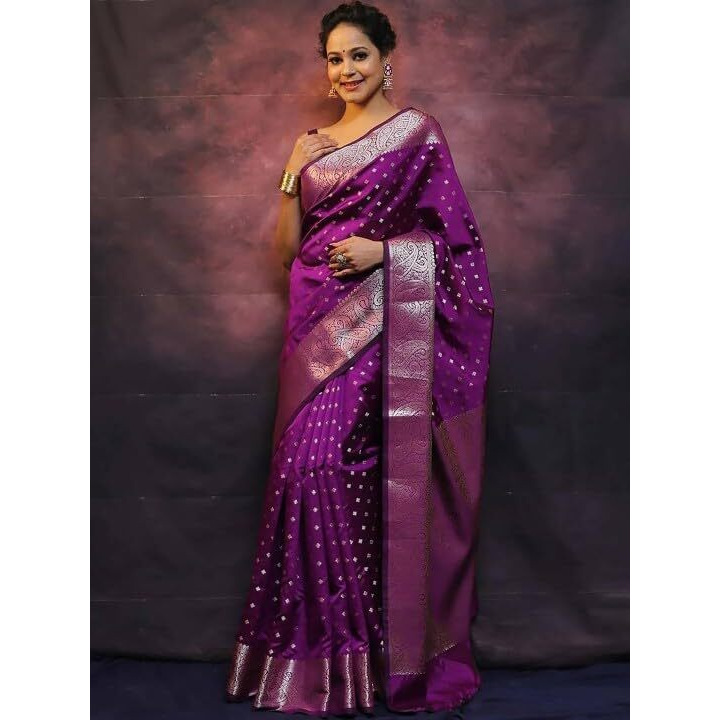 Yashika Women's Banarasi Kanjivaram Cotton Silk Woven Saree with Unstitched Blouse Material (AZ-YS-OG-SIMMI PURPLE)