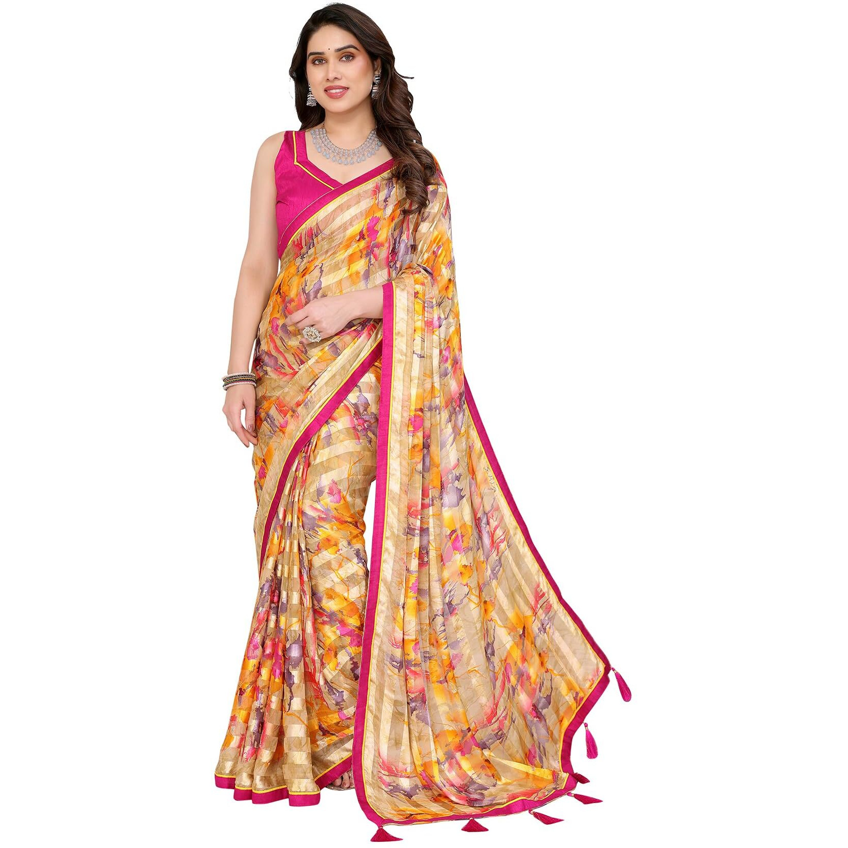 Yashika Women's Printed Georgette Satin Saree with Lace Border and Blouse Material (AZ-YS-P1-SUJATA YELLOW)