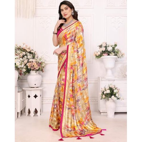 Yashika Women's Printed Georgette Satin Saree with Lace Border and Blouse Material (AZ-YS-P1-SUJATA YELLOW)