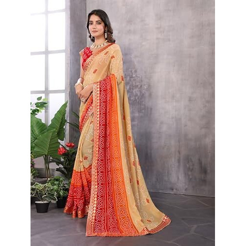 Yashika Women's Woven Latest Georgette Saree with Lace and Blouse Material (AZ-YS-P2-AACHAL-KORAM-Parent-NEW_Chiku Red)