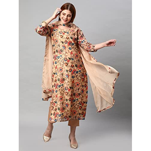 ANNI DESIGNER Women's Rayon Floral Printed Straight Kurta with Pants & Dupatta (MADHUBANI Beige-SM_S_Beige_Small)