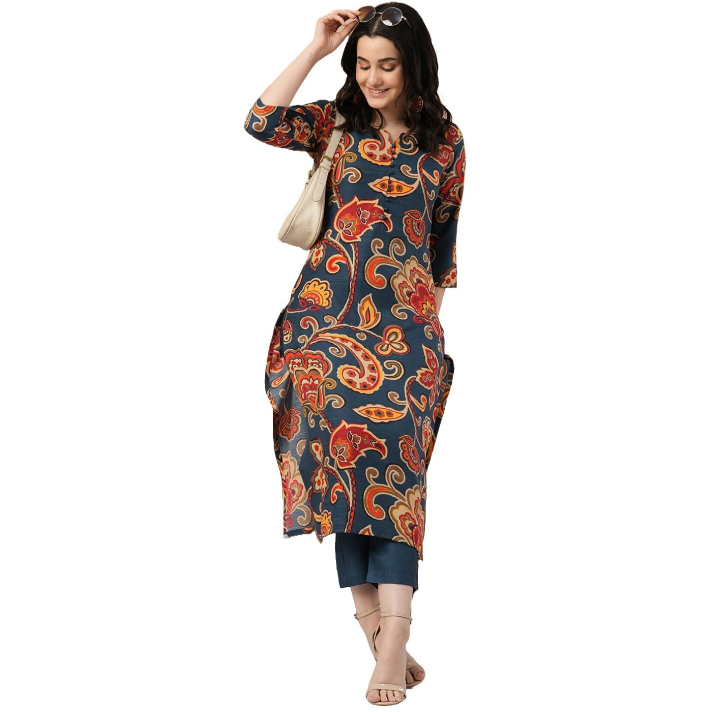 ANNI DESIGNER Women's Cotton Blend Straight Printed Kurta with Pant (Tinka Kerosin_XL_Dark Blue_X-Large)