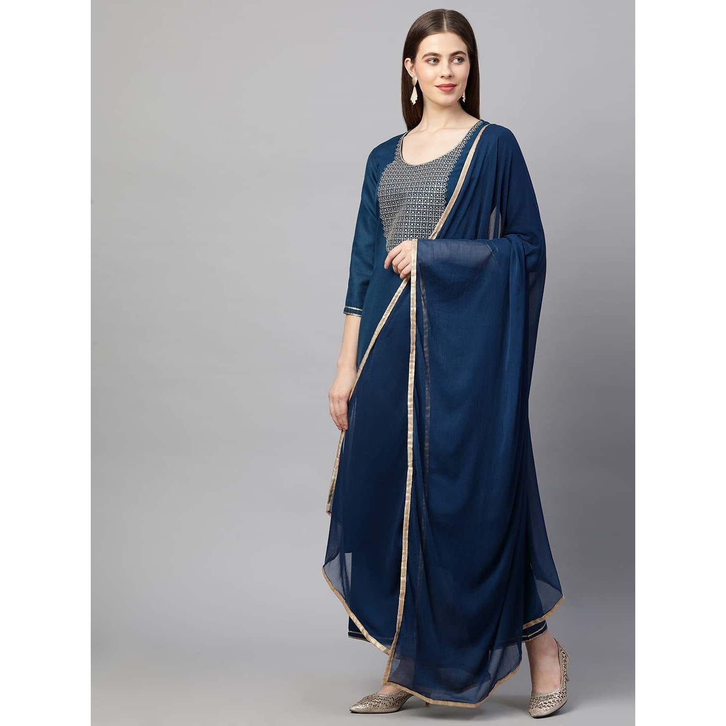 ANNI DESIGNER Women's Ruby Cotton Solid Straight Kurti with Palazzos & Dupatta Set (Label Cerosin_S_Blue_Small)