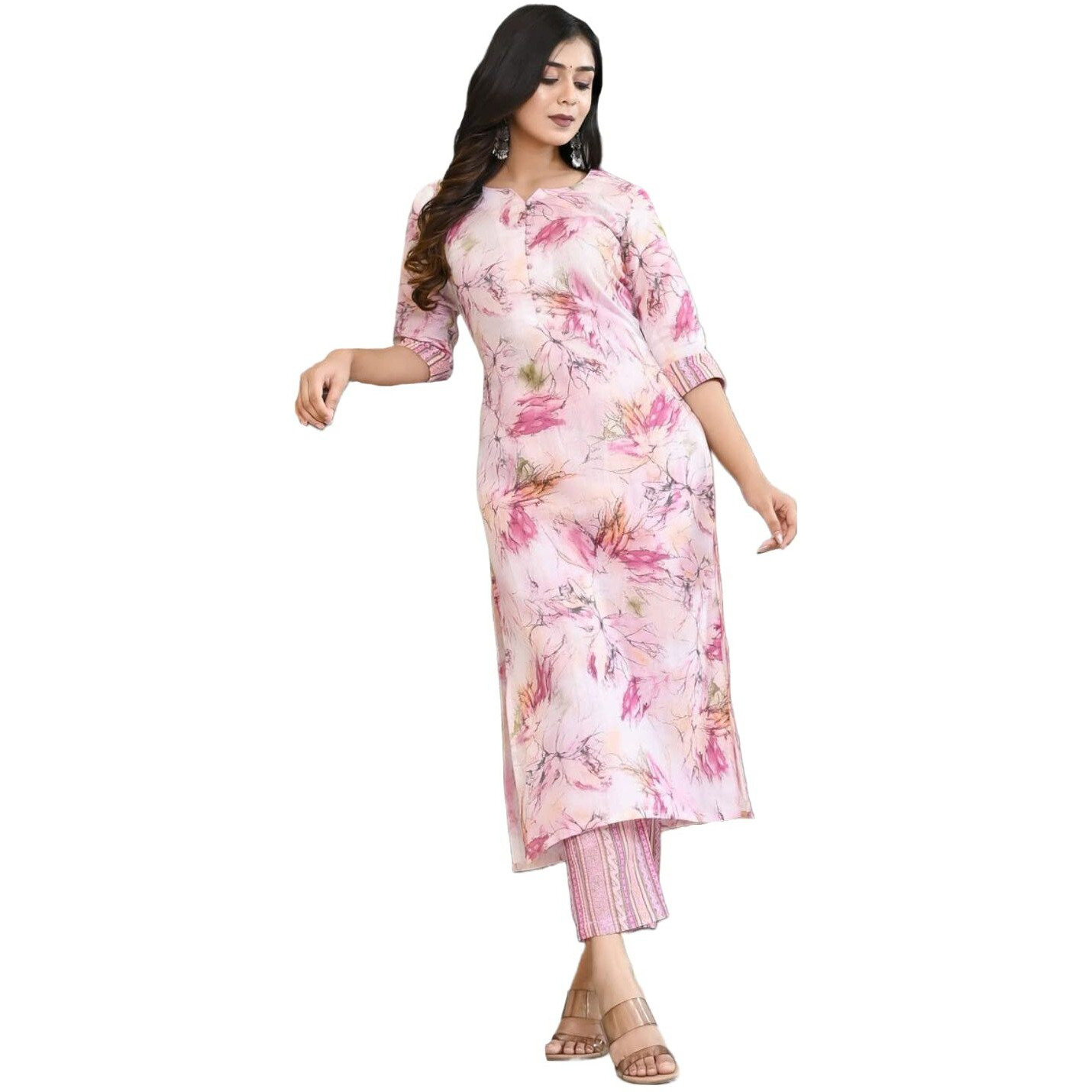 ANNI DESIGNER Women's Cotton Blend Printed Straight Kurta with Pant (PS-Pink-CMD_XL_Pink_X-Large)