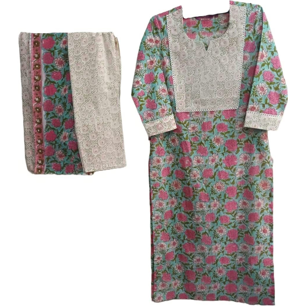 ANNI DESIGNER Women's Cotton Blend Straight Printed Kurta with Pant & Dupatta (Spring Green-Nw_S_Green_Small)