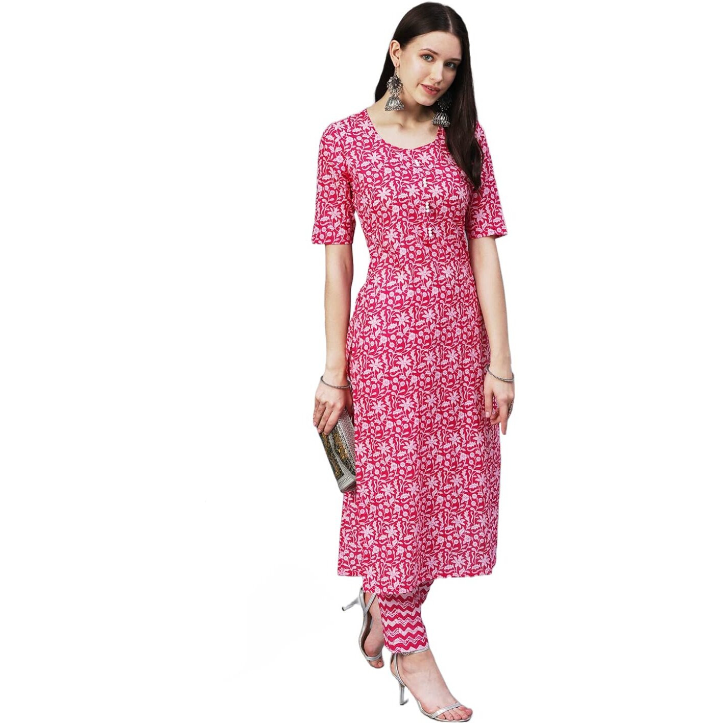 ANNI DESIGNER Women's Cotton Blend Straight Floral Printed Kurta and Pant (AZRAK-Pink-SM_3XL_Pink_XXX-Large)