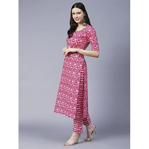 ANNI DESIGNER Women's Cotton Blend Straight Floral Printed Kurta and Pant (AZRAK-Pink-SM_3XL_Pink_XXX-Large)