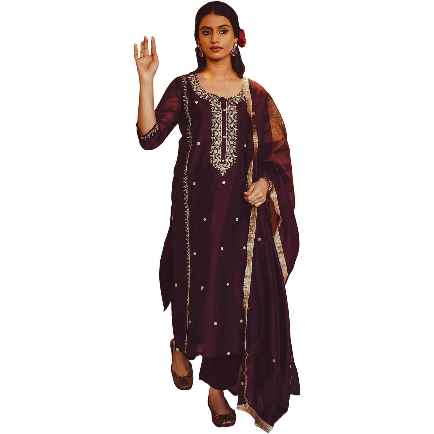 ANNI DESIGNER Women's Cotton Blend Embroidered Straight Kurta with Pant & Dupatta (Ultra101 Wine_L_Wine_Large)