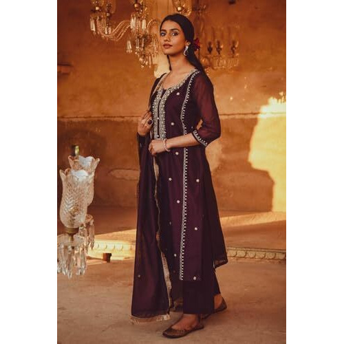 ANNI DESIGNER Women's Cotton Blend Embroidered Straight Kurta with Pant & Dupatta (Ultra101 Wine_L_Wine_Large)