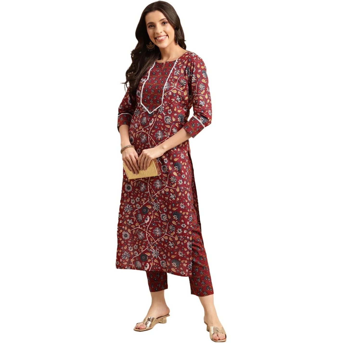 ANNI DESIGNER Women's Cotton Blend Printed Straight Kurta with Pant (Win Red_S_Red_Small)