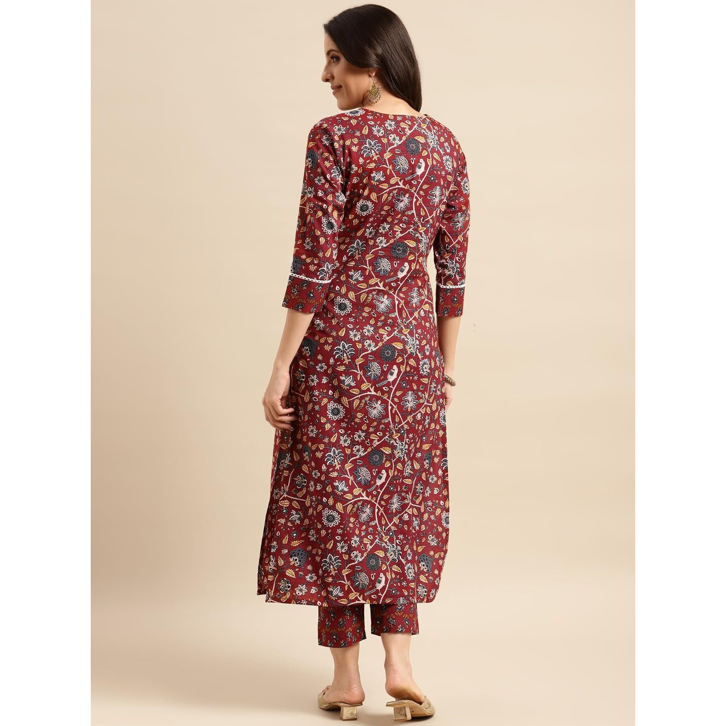 ANNI DESIGNER Women's Cotton Blend Printed Straight Kurta with Pant (Win Red_S_Red_Small)