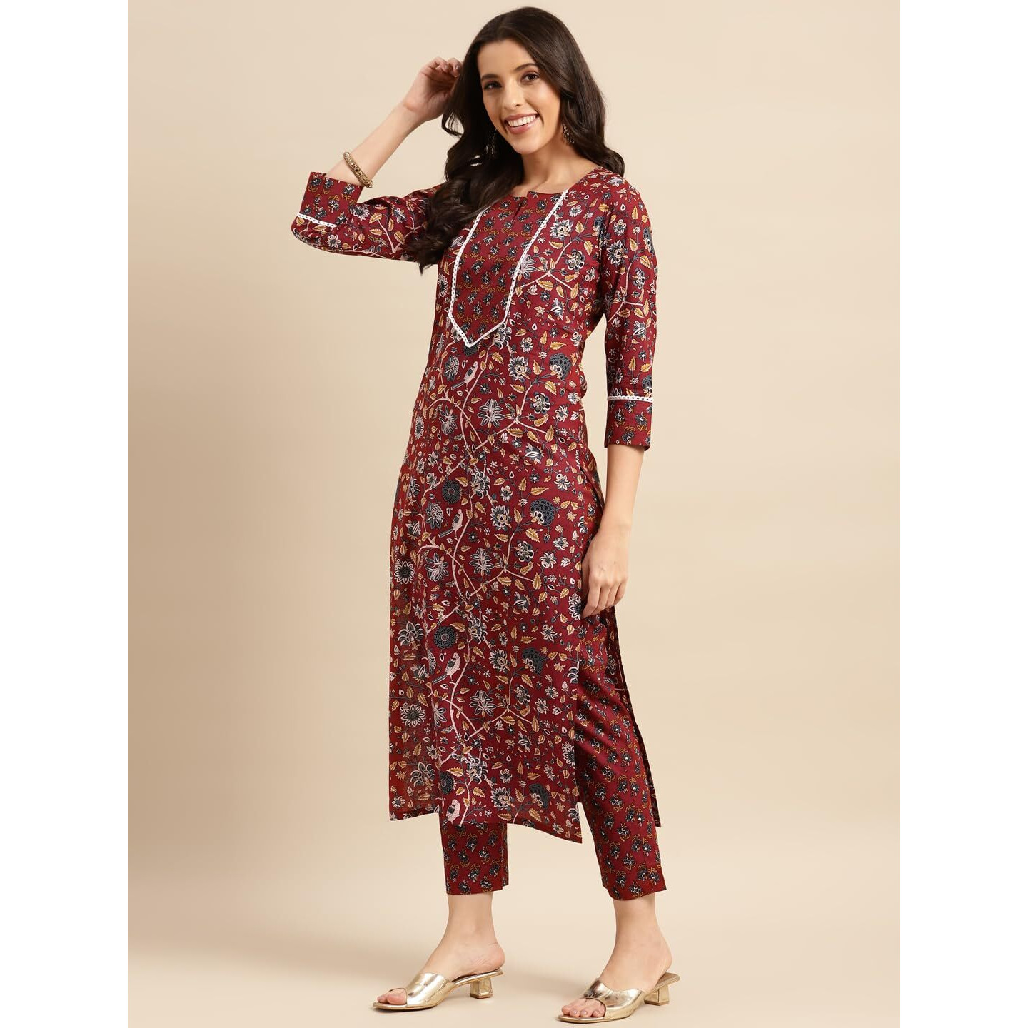 ANNI DESIGNER Women's Cotton Blend Printed Straight Kurta with Pant (Win Red_S_Red_Small)
