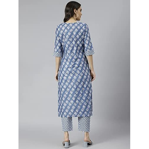 ANNI DESIGNER Women's Cotton Blend Straight Printed Kurta with Pant (Funnu Blue New_L_Blue_Large)
