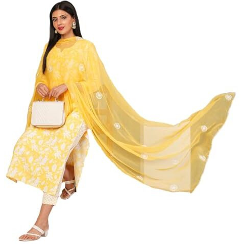 ANNI DESIGNER Women's Cotton Blend Straight Printed Kurta with Pant & Dupatta (MEI Yellow-ND_L_Yellow_Large)