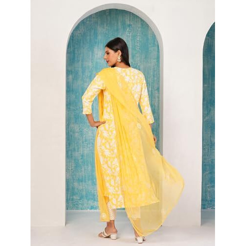 ANNI DESIGNER Women's Cotton Blend Straight Printed Kurta with Pant & Dupatta (MEI Yellow-ND_L_Yellow_Large)