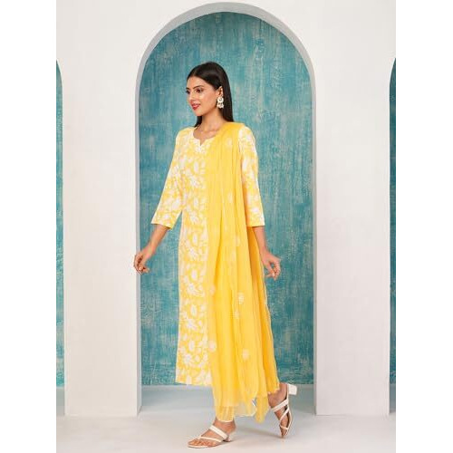 ANNI DESIGNER Women's Cotton Blend Straight Printed Kurta with Pant & Dupatta (MEI Yellow-ND_L_Yellow_Large)