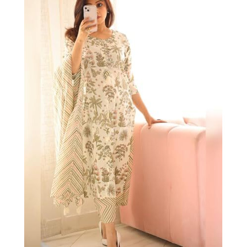 ANNI DESIGNER Women's Rayon Blend Straight Printed Kurta with Pant & Dupatta (Damlur Cream_M_Cream_Medium)