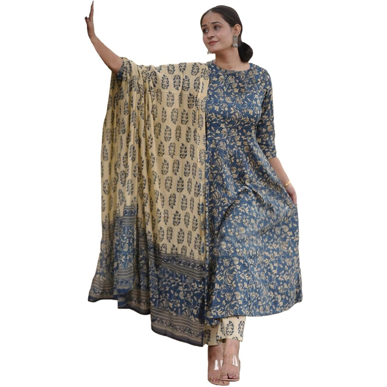 ANNI DESIGNER Women's Rayon Blend Anarkali Printed Kurta with Pant & Dupatta (Junapith Blue_L_Blue_Large)
