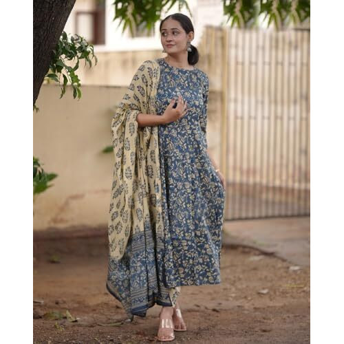 ANNI DESIGNER Women's Rayon Blend Anarkali Printed Kurta with Pant & Dupatta (Junapith Blue_L_Blue_Large)