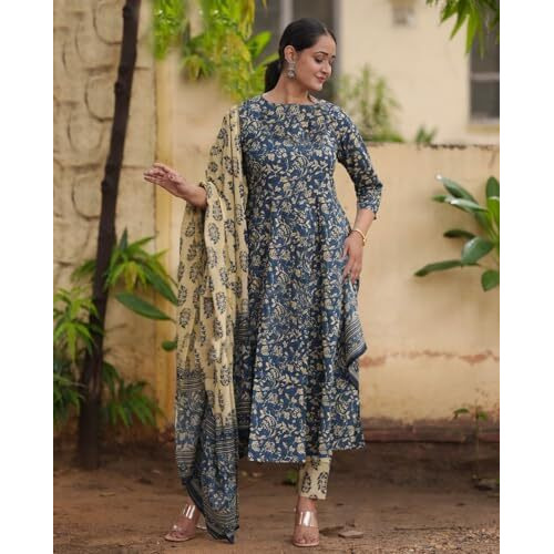 ANNI DESIGNER Women's Rayon Blend Anarkali Printed Kurta with Pant & Dupatta (Junapith Blue_L_Blue_Large)