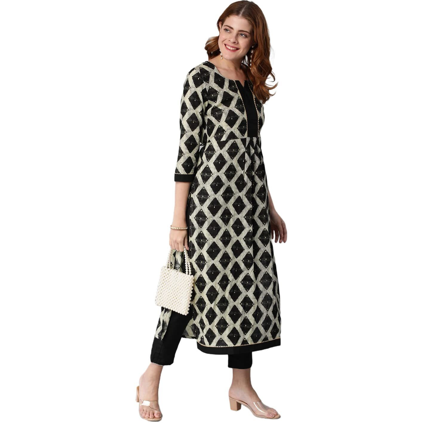 ANNI DESIGNER Women's Cotton Blend Chex Printed Straight Kurta with Pant (Chix Black_L_Black_Large)