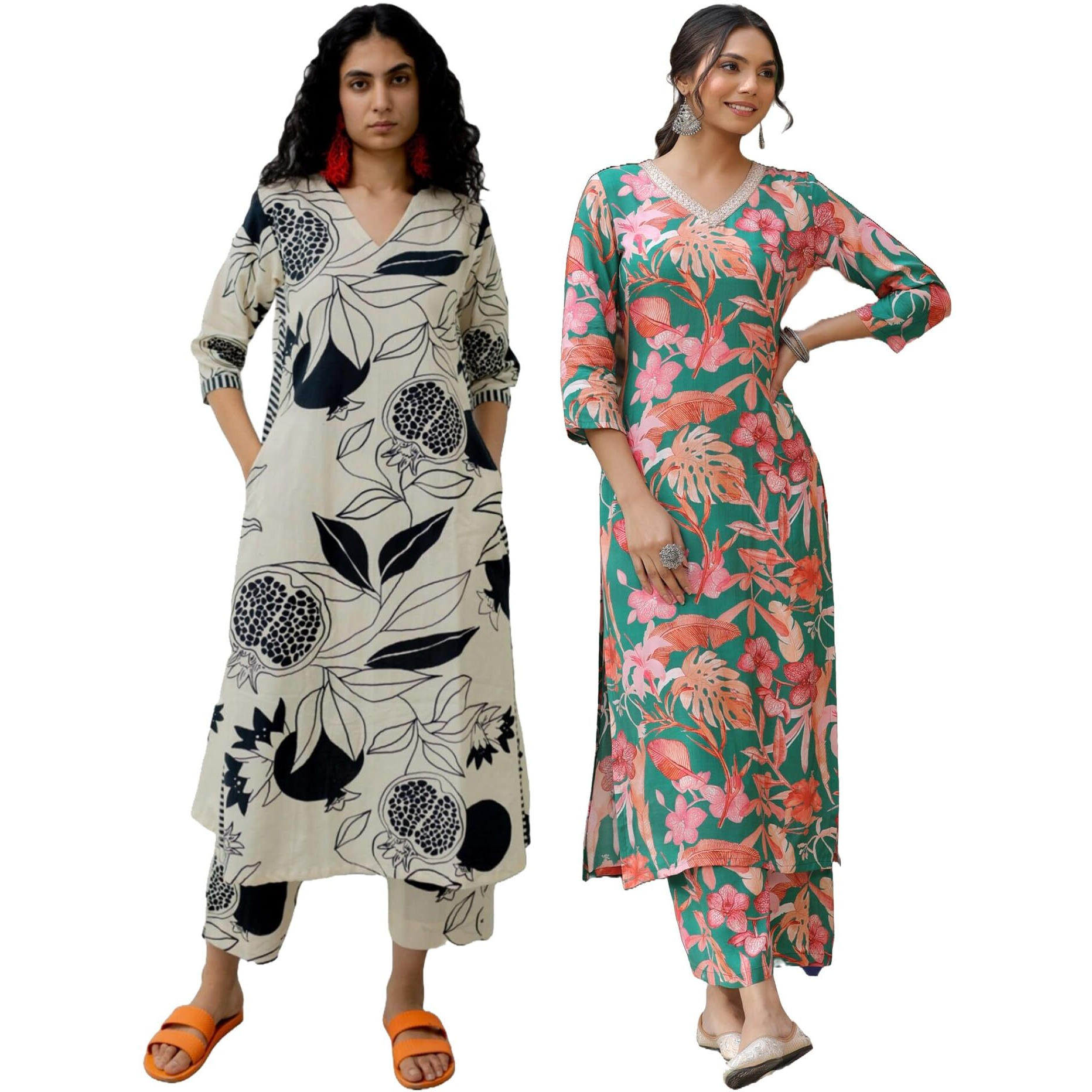 ANNI DESIGNER Women's Cotton Blend Printed Straight Kurta with Pant Pack of 2 (ANAAR Beige-Chinki Green_XL_Multi_X-Large)