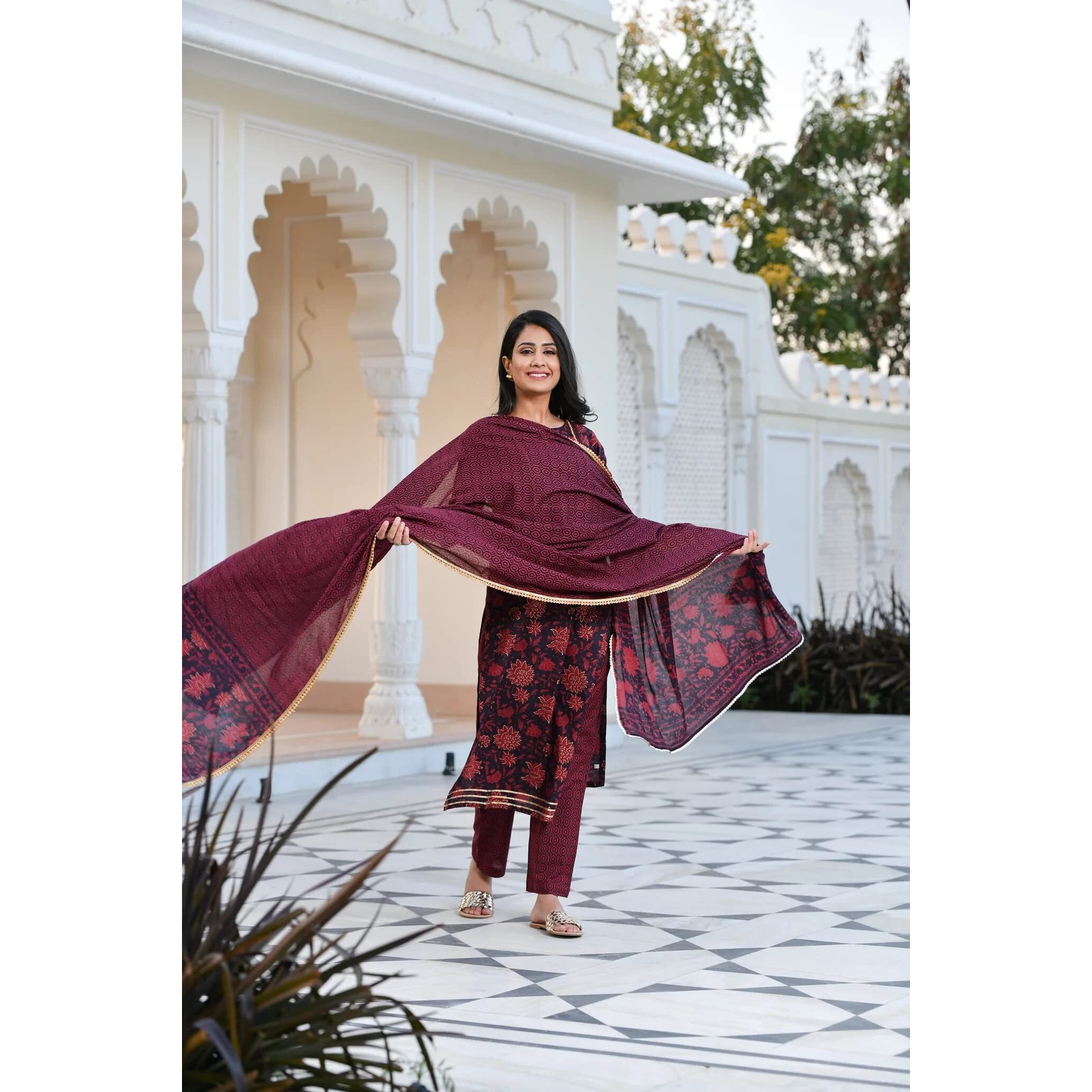 ANNI DESIGNER Women's Cotton Blend Straight Printed Kurta with Pant & Dupatta (Rapat Wine_S_Wine_Small)