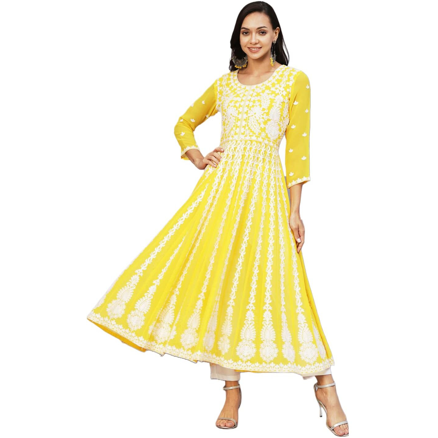 ANNI DESIGNER Women's Georgette Chikankari Embroidered Anarkali Kurti (Kari Yellow_L_Yellow_Large)