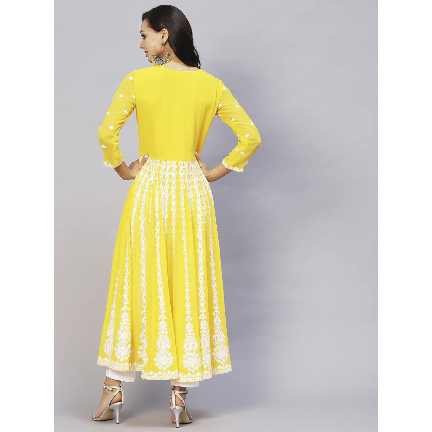 ANNI DESIGNER Women's Georgette Chikankari Embroidered Anarkali Kurti (Kari Yellow_L_Yellow_Large)