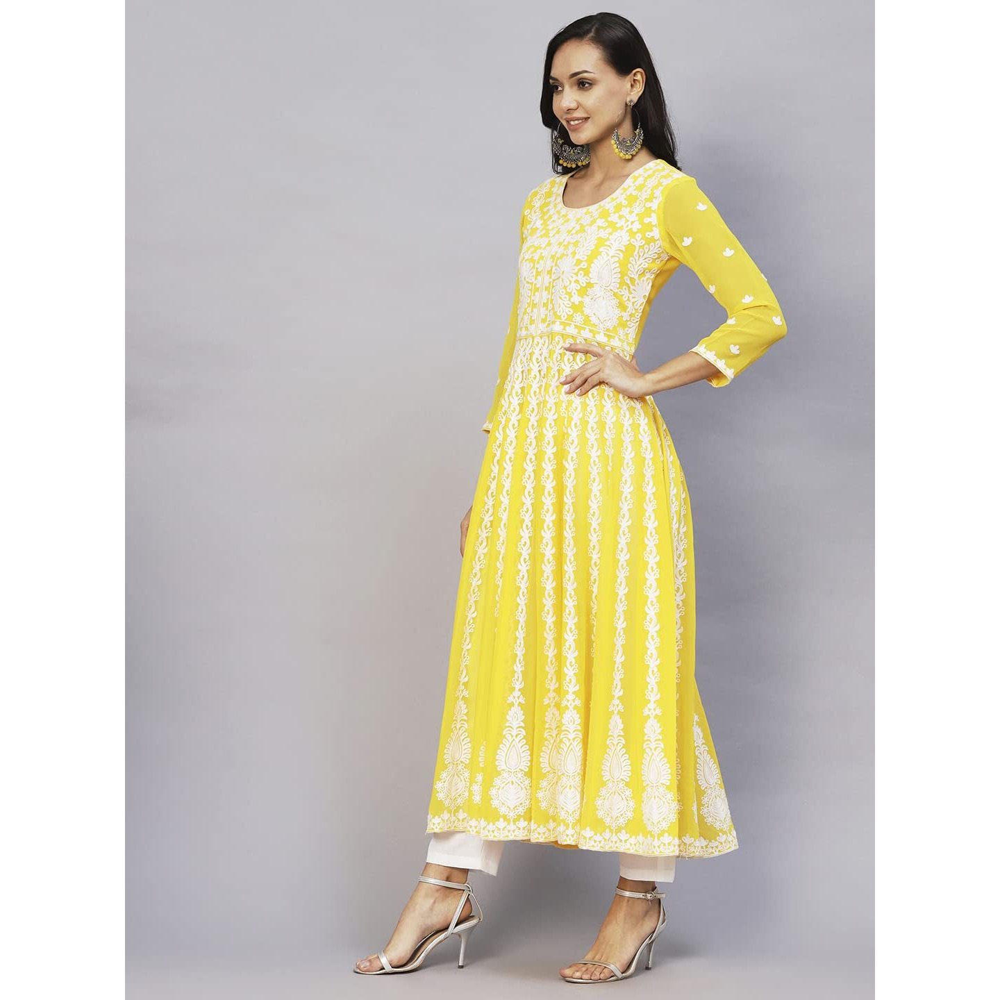 ANNI DESIGNER Women's Georgette Chikankari Embroidered Anarkali Kurti (Kari Yellow_L_Yellow_Large)