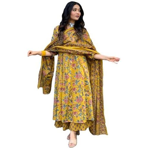 ANNI DESIGNER Women's Rayon Blend Anarkali Printed Kurta with Pant & Dupatta & Dupatta (CIA Yellow_XXL_Yellow_XX-Large)