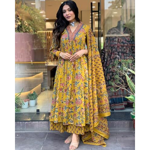 ANNI DESIGNER Women's Rayon Blend Anarkali Printed Kurta with Pant & Dupatta & Dupatta (CIA Yellow_XXL_Yellow_XX-Large)