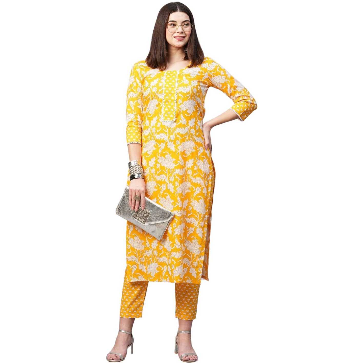ANNI DESIGNER Women's Cotton Blend Printed Straight Kurta with Pant (Teri Yellow_XXL_Yellow_XX-Large)