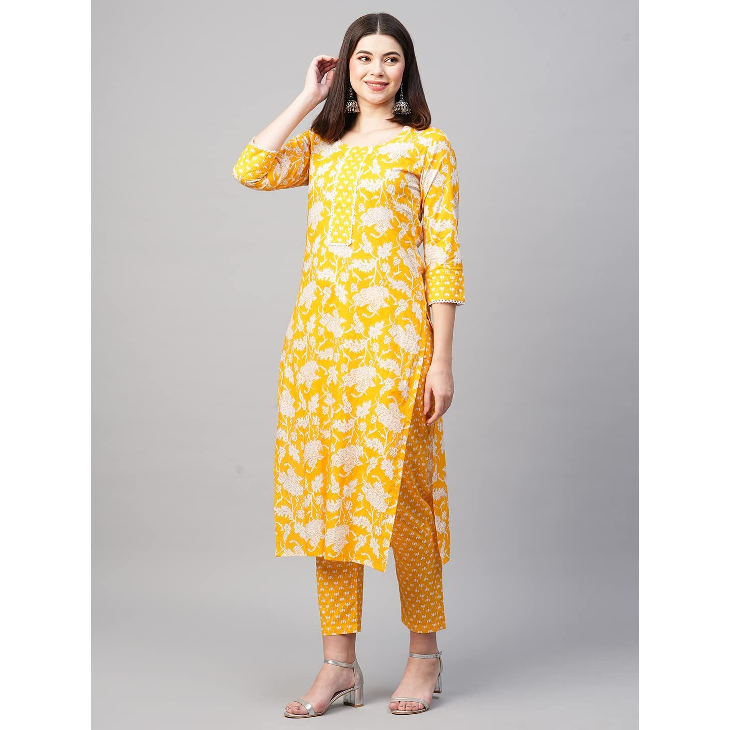 ANNI DESIGNER Women's Cotton Blend Printed Straight Kurta with Pant (Teri Yellow_XXL_Yellow_XX-Large)